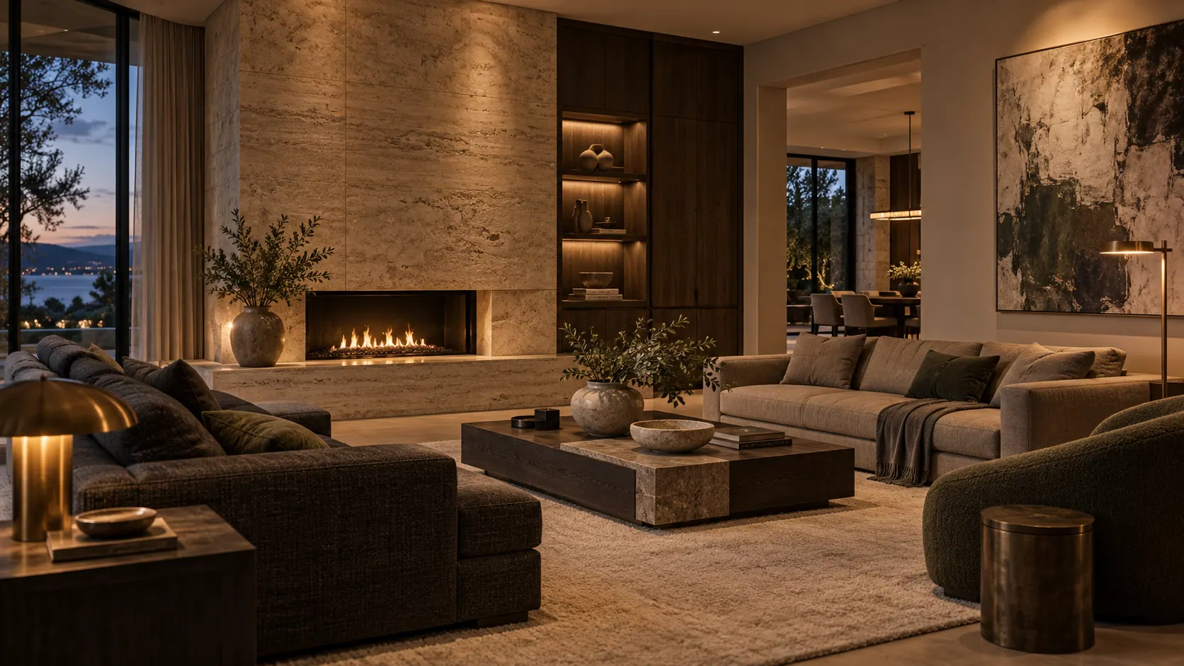Illustrative design image: a complete luxury residence salon with stone, brass and custom upholstery