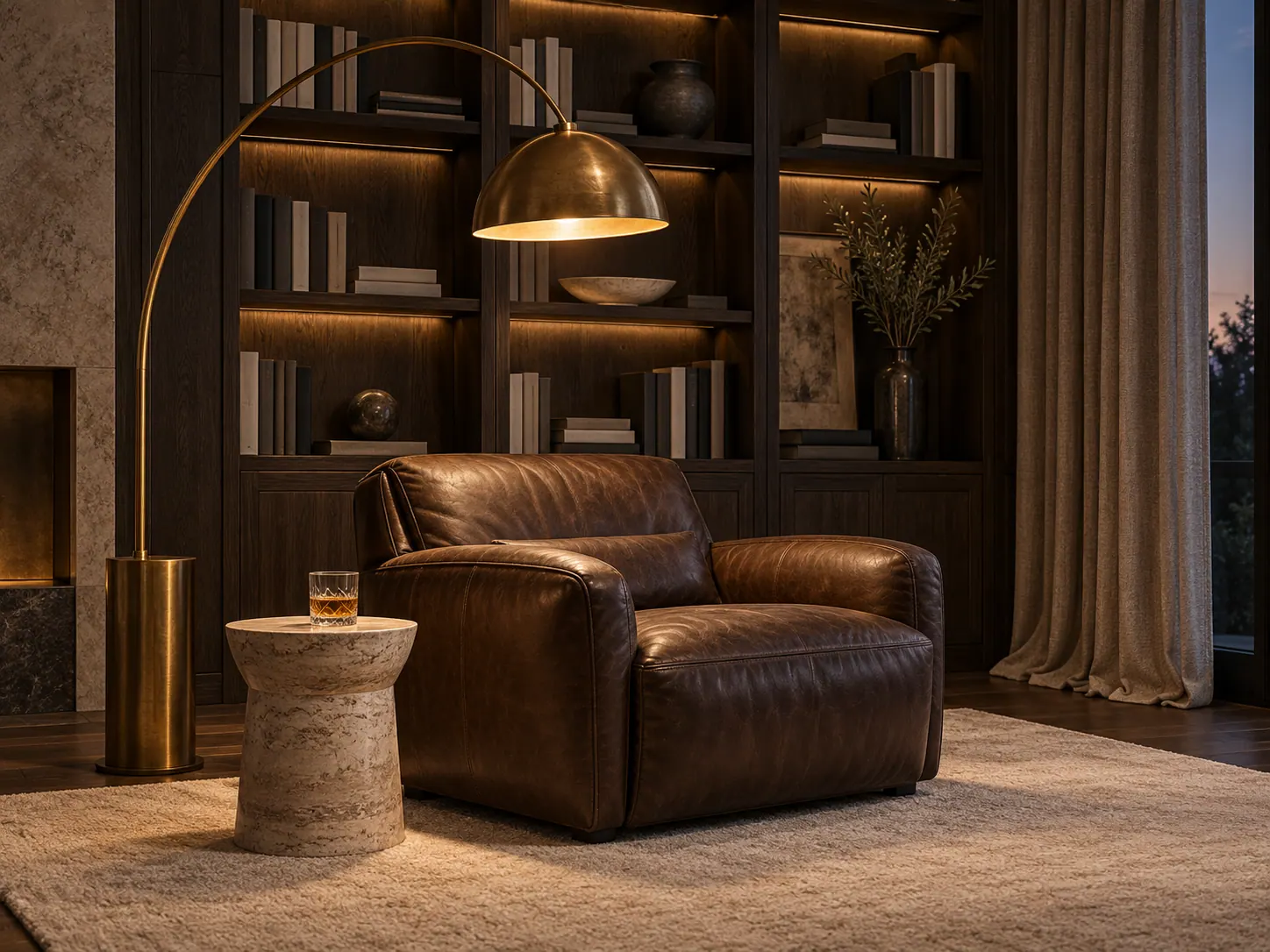Illustrative design image: an evening library with statement lighting, heavy drapery and a leather reading chair