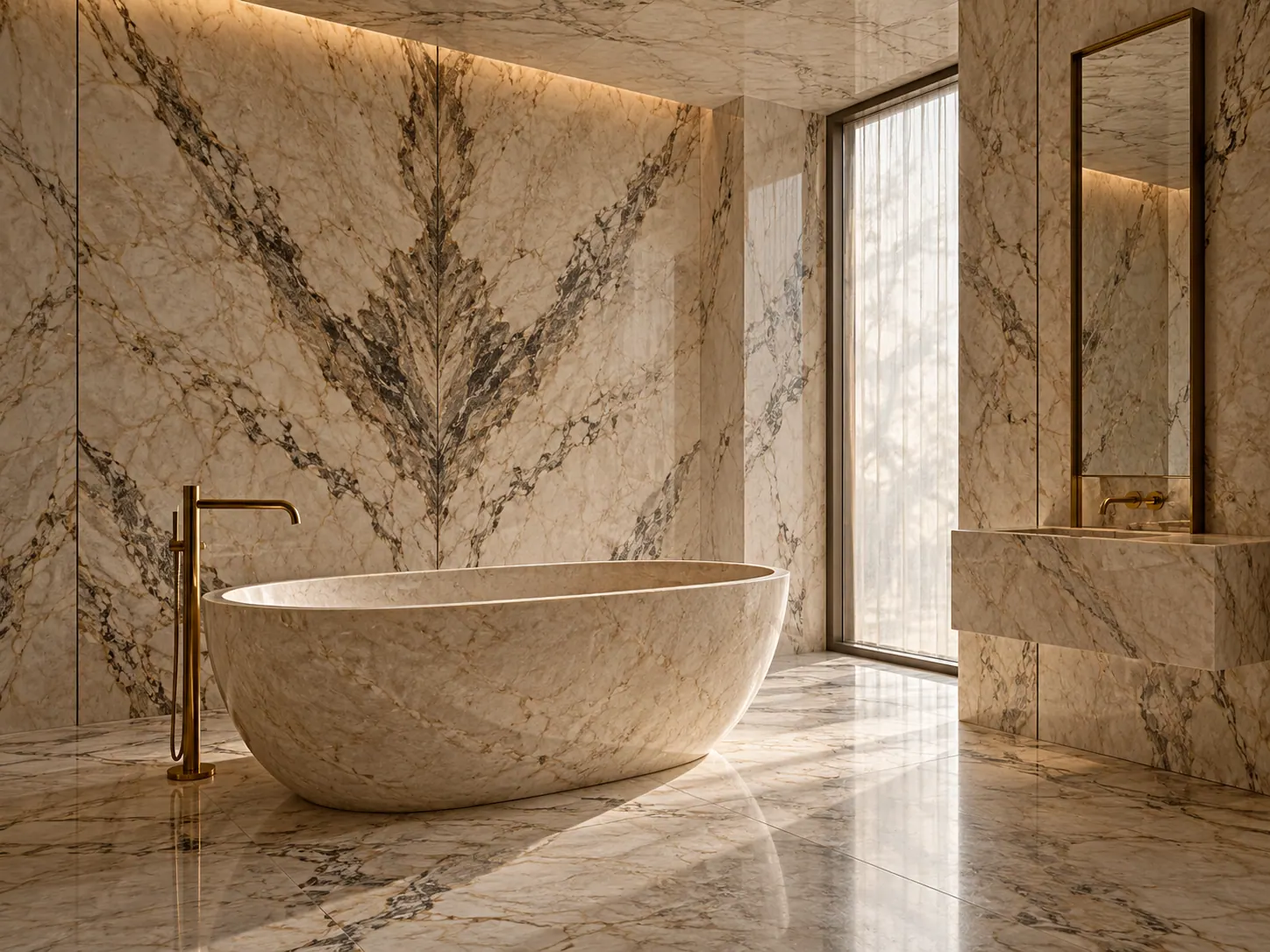 Illustrative design image: a bathroom clad in book-matched marble with a freestanding stone bath and brass fittings
